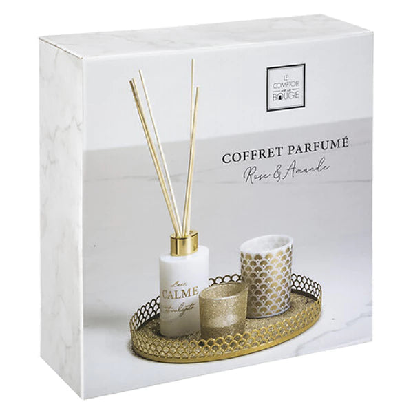 Complete Geurenset Calme – Kaarsen en Diffuser op Gouden Schaal