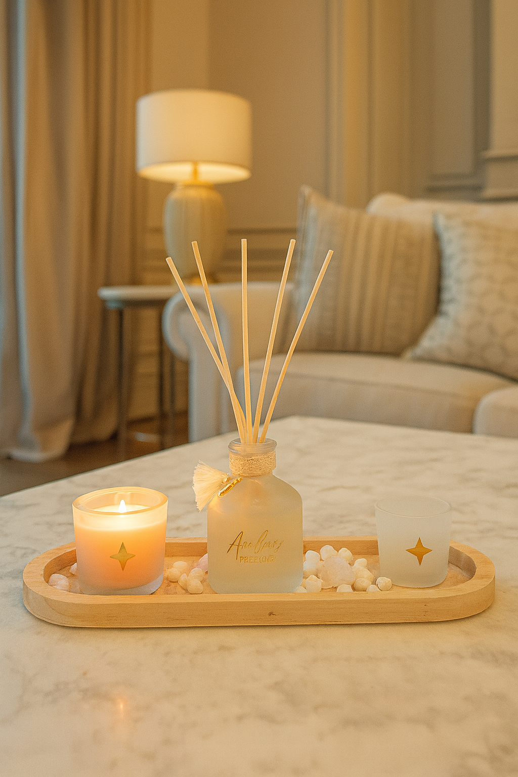 Wild Romance Luxe Geurset – Geurkaars, Diffuser, Kaarsenhouder & Houten Schaal – Wit