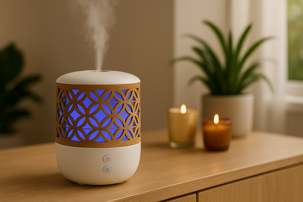 Olie Diffuser 100 ml USB – Compacte Aromatherapie Geurvernevelaar met Kleurverlichting – Stil & Modern Design in Wit met Houteffect – Geurverspreider voor Woonkamer, Slaapkamer & Kantoor