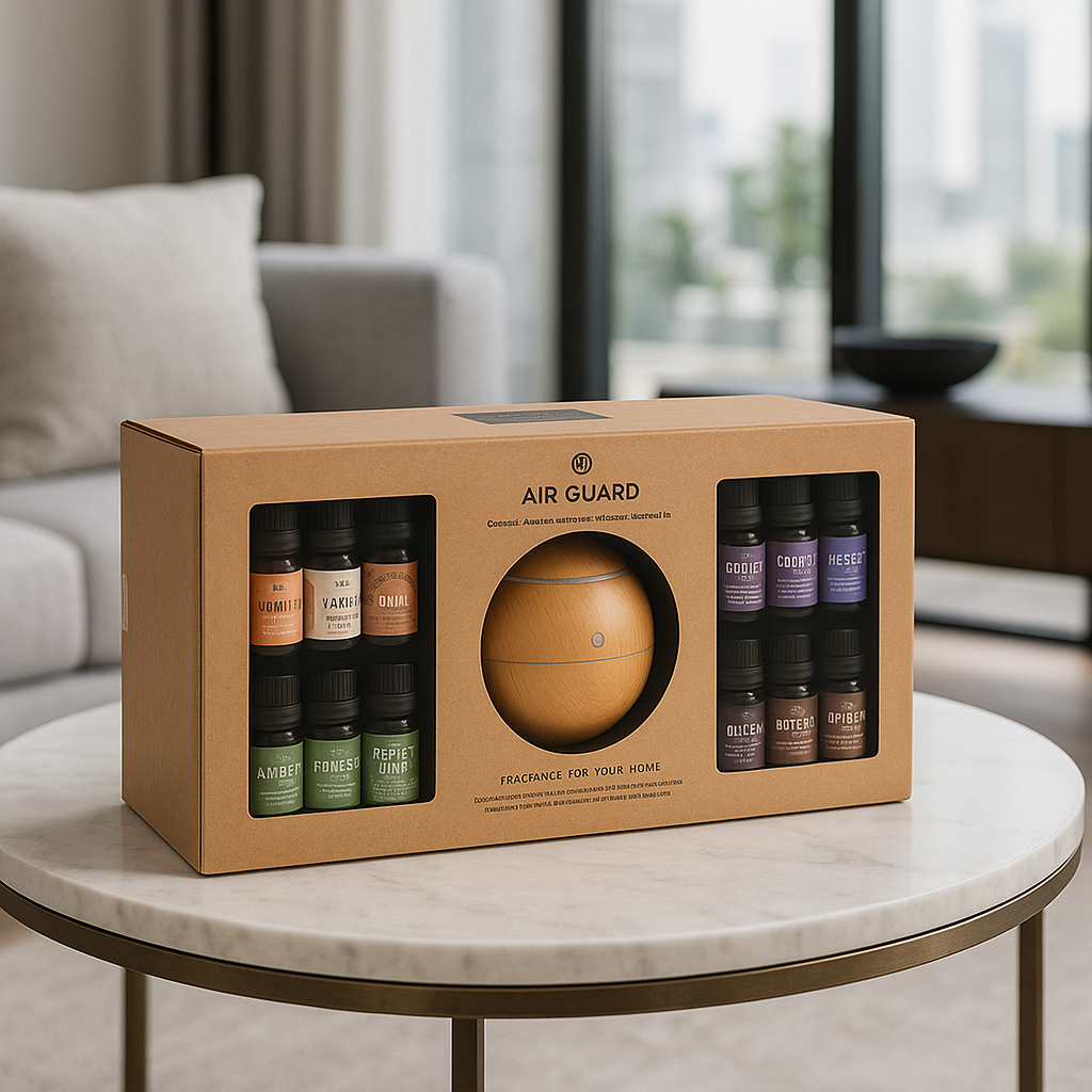 Coff Diffuser + 12 Hui PFM Aromatherapie Diffuser – Luxe Geurvernevelaar met 12 Geuroliën – Stil Design in Beige – Geurverspreider voor Woonkamer, Slaapkamer, Wellness & Kantoor.
