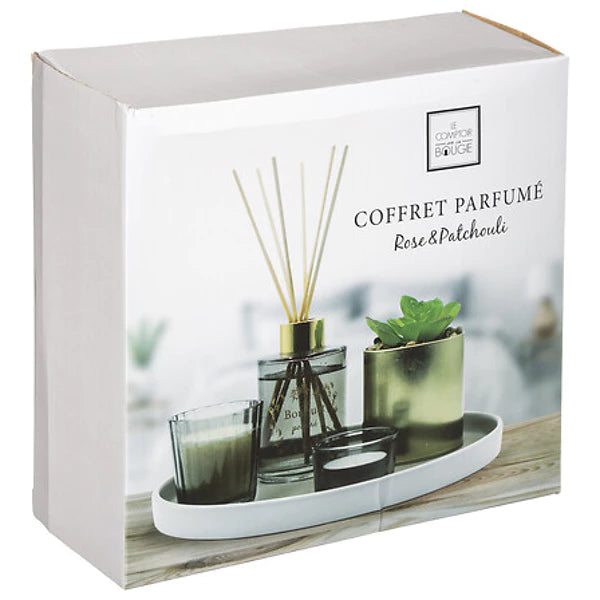 Plateau giftset 5-delig. geur, plantje en 2 waxinelichtjes | Geurstokjes |