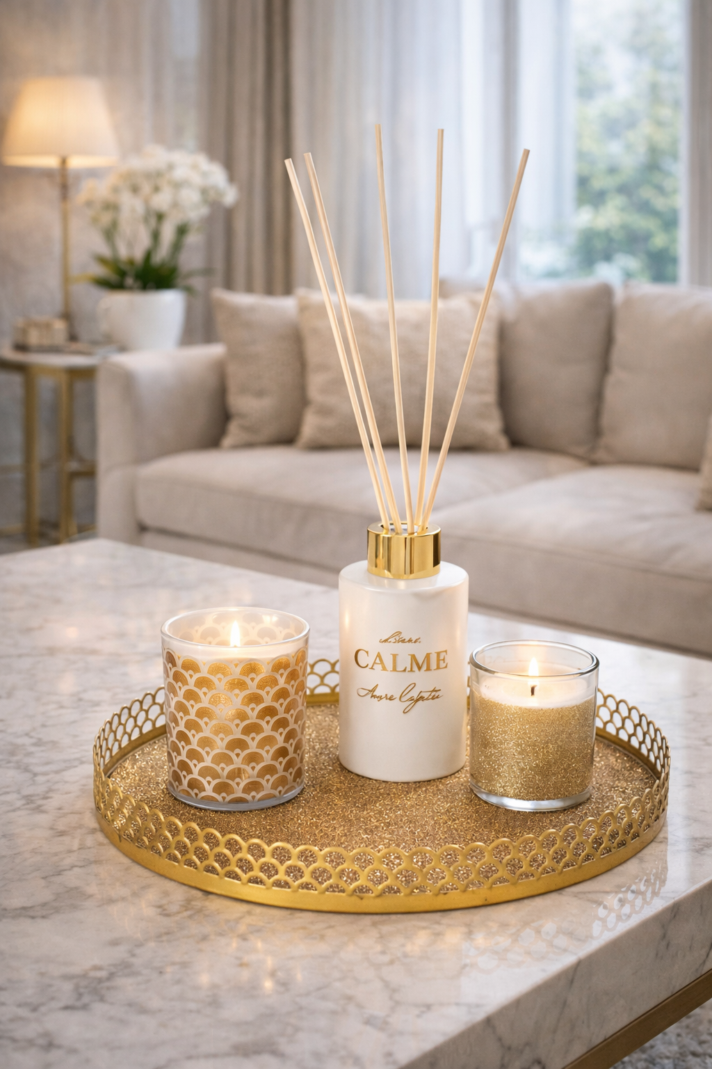 Complete Geurenset Calme – Kaarsen en Diffuser op Gouden Schaal