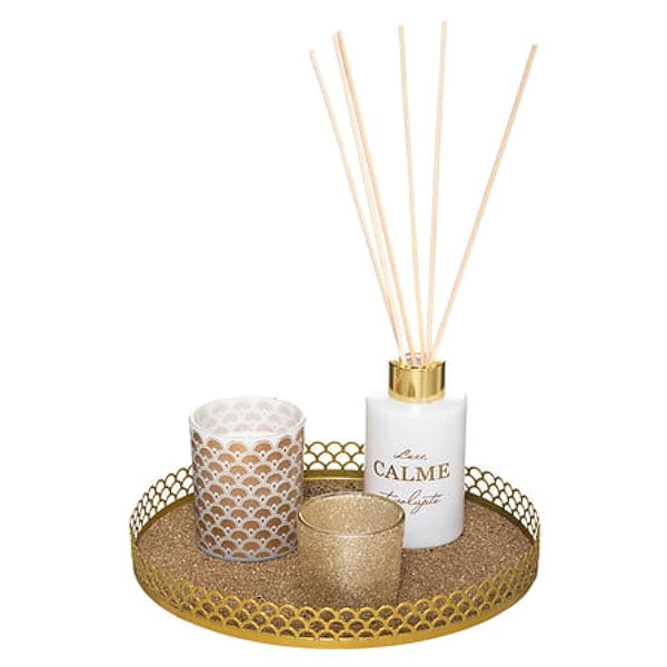 Complete Geurenset Calme – Kaarsen en Diffuser op Gouden Schaal