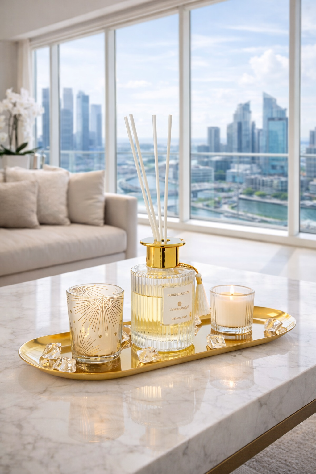 Gladys Gold Geurenset Compleet – Diffuser, Kaarsen & Gouden Tray
