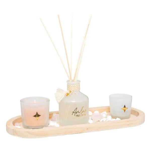 Wild Romance Luxe Geurset – Geurkaars, Diffuser, Kaarsenhouder & Houten Schaal – Wit