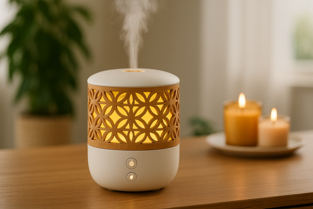 Olie Diffuser 100 ml USB – Compacte Aromatherapie Geurvernevelaar met Kleurverlichting – Stil & Modern Design in Wit met Houteffect – Geurverspreider voor Woonkamer, Slaapkamer & Kantoor