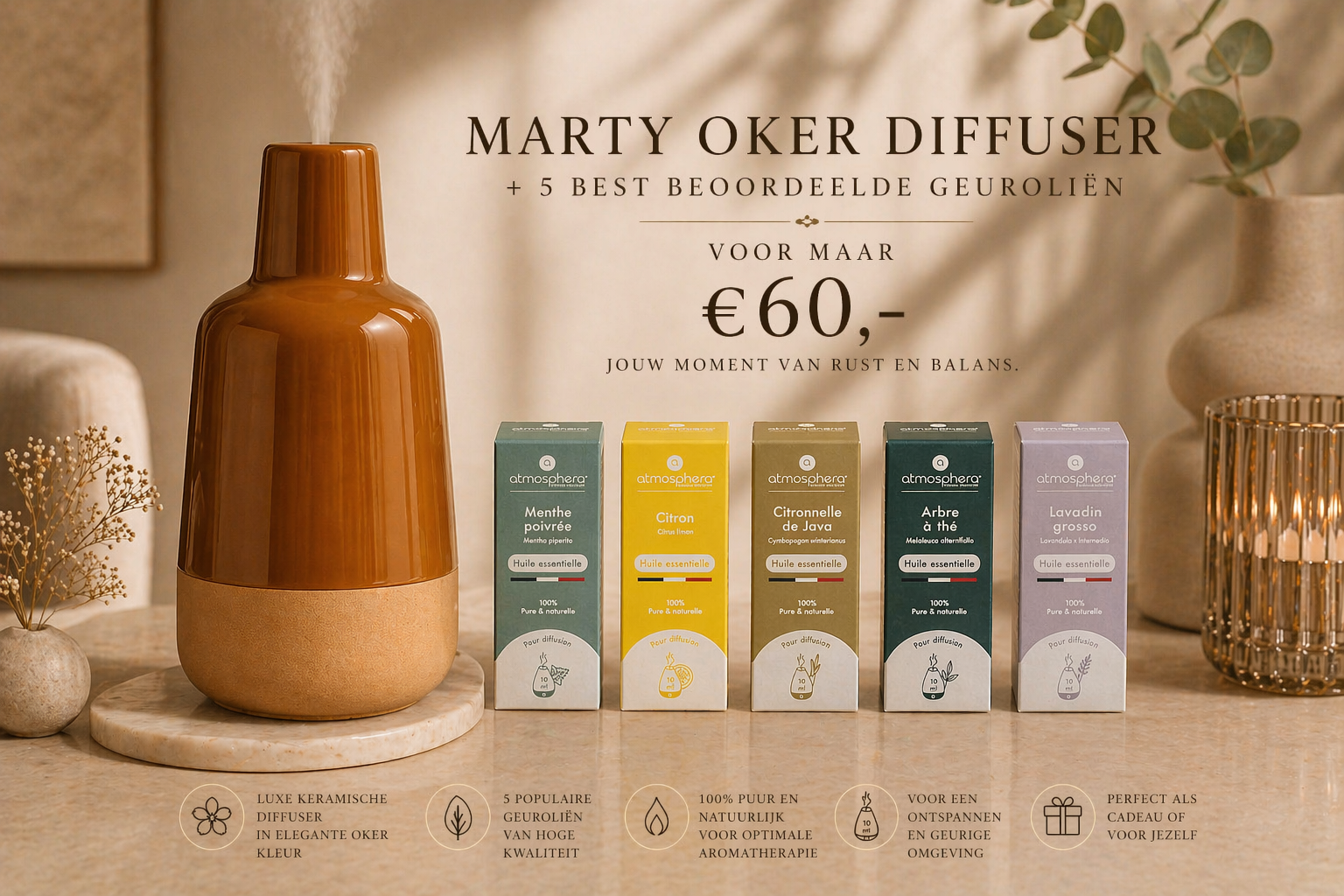 Marty Oker Diffuser + 5 Hoogwaardige Geuroliën