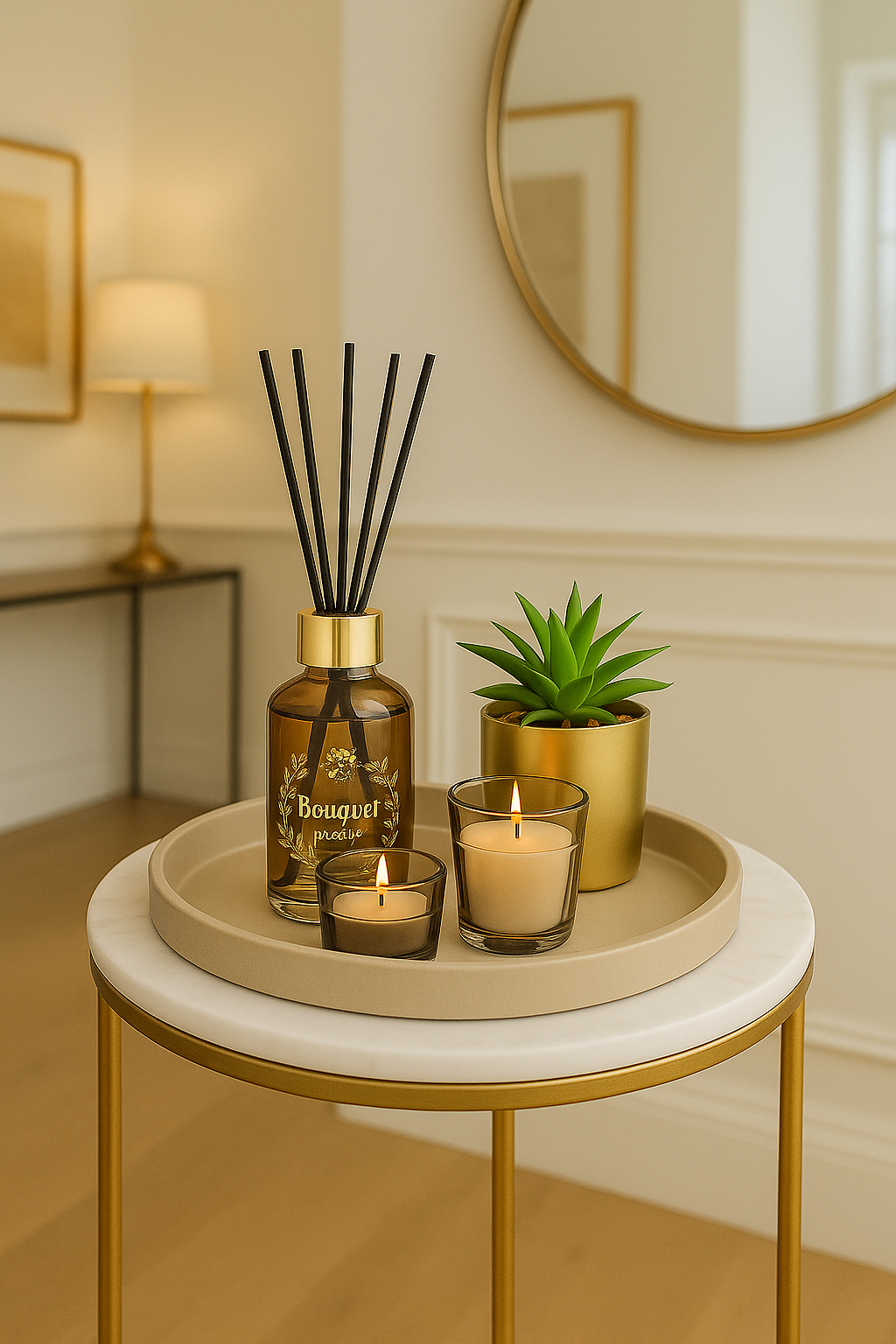 Plateau giftset 5-delig. geur, plantje en 2 waxinelichtjes | Geurstokjes |
