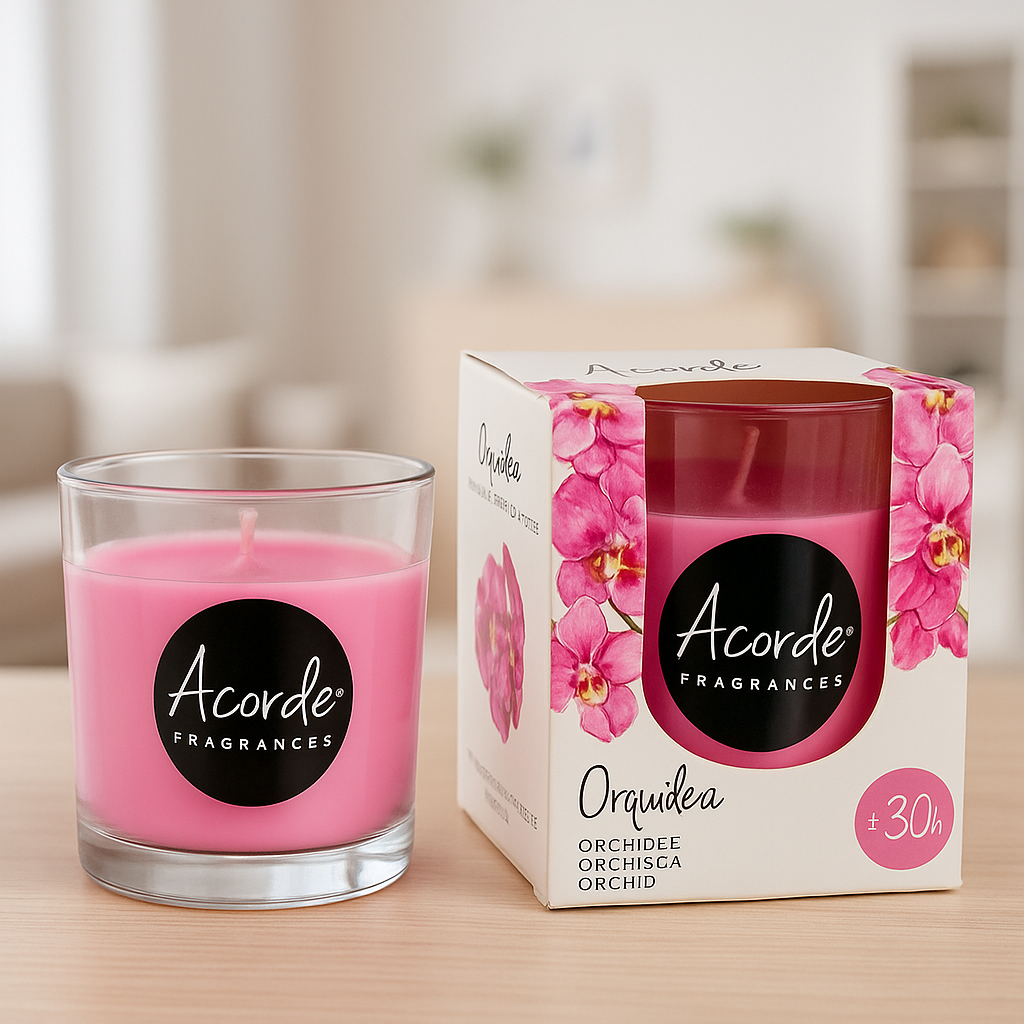 Geurkaars Orchideeën in Glas – Luxe Geurkaars met 30 Uur Brandtijd | Warme Orchideeëngeur voor een Gezellige en Ontspannende Sfeer