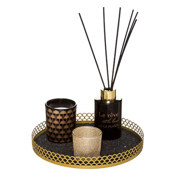 Luxe Woondecoratie Set met Kaarsen & Geurstokjes – Gouden Decoratieschaal voor Sfeervol Interieur